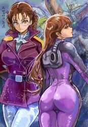 Rule 34 | 1girl, arms behind back, ascot, ass, belt, black belt, bodysuit, braid, braided hair rings, breasts, brown eyes, brown hair, buttons, closed mouth, commentary, cowboy shot, dated, double-breasted, from behind, glasses, gundam, gundam wing, hair down, hair ribbon, hair rings, highres, jacket, lady une, large breasts, legs together, lipstick, long hair, looking at viewer, makeup, mecha, mecha pilot suit, military jacket, military uniform, mobile suit, multiple views, okrdisk2000, pants, purple bodysuit, purple jacket, purple ribbon, red lips, ribbon, robot, round eyewear, science fiction, skin tight, standing, thigh gap, v-fin, very long hair, white ascot, white pants, wing gundam zero