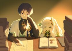 1boy 1girl aqua_kimono aqua_sleeves armor black_bodysuit black_bridal_gauntlets black_eyes black_hair blunt_ends bodysuit book book_stack bracelet bridal_gauntlets bright_pupils clenched_hand dress elbow_on_table elbow_rest elbows_on_table eyeliner eyeshadow genshin_impact gold green_eyes green_hair hair_between_eyes hair_ornament half_crown_braid han&#039;eri hands_on_own_face head_rest highres holding holding_pen janya_1128 japanese_armor japanese_clothes jewelry kimono kote kurokote layered_kimono layered_sleeves leaf leaf_hair_ornament long_hair looking_at_another makeup mandarin_collar multicolored_hair nahida_(genshin_impact) open_book open_clothes open_kimono paper pen pointy_ears reading red_eyeliner red_eyeshadow scaramouche_(cat)_(genshin_impact) scaramouche_(genshin_impact) short_sleeves shoulder_peek side-by-side side_ponytail sidelocks sitting streaked_hair table wanderer_(genshin_impact) white_dress white_hair white_kimono white_pupils white_sleeves writing