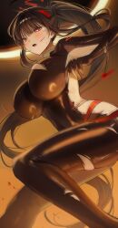 1girl absurdres black_bodysuit black_hair black_halo blood blood_on_face blue_archive bodysuit breasts cuts floating_hair halo high_ponytail highres injury large_breasts long_hair looking_at_viewer open_mouth pibag ponytail red_eyes rio_(blue_archive) rio_(bodysuit)_(blue_archive) scratches skin_tight solo torn_bodysuit torn_clothes v-shaped_eyebrows very_long_hair