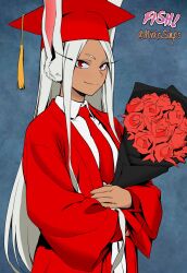 1girl absurdly_long_sidelocks alternate_costume animal_ears artist_collaboration artist_name boku_no_hero_academia bouquet collared_shirt colorized commentary dark-skinned_female dark_skin english_commentary flower graduation hat highres holding holding_bouquet long_eyelashes long_hair looking_at_viewer mirko mirkosimps mortarboard necktie parallaxfused parted_bangs rabbit_ears rabbit_girl red_eyes red_flower red_necktie red_robe robe shirt smile solo very_long_hair white_hair white_shirt