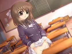 1girl bottomless classroom crotch_rub desk eeeeee female_focus female_masturbation flat_chest indoors masturbation no_panties original public_indecency pussy_juice school school_desk school_uniform serafuku solo table table_humping