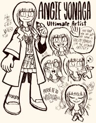 1girl :3 :d absurdres bikini bikini_top_only character_name closed_eyes closed_mouth danganronpa_(series) danganronpa_v3:_killing_harmony dated doodle_inset dripping english_text eyelashes full_body greyscale hands_on_own_face hatching_(texture) highres holding holding_paintbrush jacket jewelry josh-s26 long_hair monochrome multiple_views musical_note navel_piercing necklace open_clothes open_jacket open_mouth paint paintbrush piercing shell shell_necklace signature simple_background smile speech_bubble spoken_musical_note standing star_(symbol) swimsuit teeth twintails upper_teeth_only white_background yonaga_angie