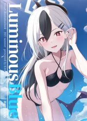 Rule 34 | 1girl, bikini, black bikini, black hair, black horns, blue archive, blue sky, breasts, day, ear piercing, halo, highres, horns, k3rd, kayoko (blue archive), long hair, looking at viewer, low wings, multicolored hair, outdoors, piercing, purple wings, red eyes, single wing, sky, small breasts, solo, swimsuit, two-tone hair, white hair, white halo, wings
