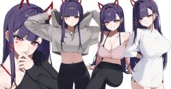 Rule 34 | 1girl, absurdres, akuma nihmune, arm behind back, bare shoulders, black bra, black pants, black shirt, black shorts, bra, bra strap, breasts, cleavage, crop top, crop top overhang, d4kou16, grey hoodie, grin, hair ornament, hairclip, highres, hood, hood down, hoodie, horns, indie virtual youtuber, large breasts, long hair, looking at viewer, meme, midriff, multiple views, navel, off shoulder, pajamas challenge (meme), pants, pink shirt, purple hair, red eyes, shirt, shorts, simple background, smile, underwear, v-shaped eyebrows, very long hair, virtual youtuber, white background, white shirt