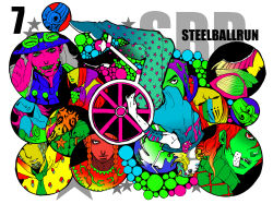 3girls 6+boys absurdres animal_print armband bad_id bad_pixiv_id bandages beard black_eyes blackmore blonde_hair blue_hair blue_lips blue_skin braid colored_skin colorful curly_hair diego_brando earth_(planet) eat666 everyone closed_eyes facial_hair food fruit funny_valentine goggles goggles_on_head grapes green_eyes green_hair green_lips green_skin grey_hair gyro_zeppeli hat helmet highres hot_pants_(sbr) johnny_joestar jojo_no_kimyou_na_bouken leopard_print lipstick lucy_steel makeup mask mountain_tim multiple_boys multiple_girls native_american necktie orange_hair pink_hair pink_skin poco_loco pocoloco red_eyes red_hair red_skin sandman_(sbr) scary_monsters_(stand) stand_(jojo) star_(symbol) star_print steel_ball_run sugar_mountain sweater upside-down wekapipo wheelchair white_skin yellow_skin