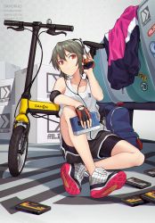 1girl :| adjusting_earphones backpack bag bench bicycle bike_shorts bike_shorts_under_shorts black_gloves black_jacket black_shorts bob_cut box brown_gloves cardboard_box cassette_player cassette_tape chinese_commentary closed_mouth collarbone commentary elbow_pads expressionless fingerless_gloves folding_bicycle gloves grey_hair hair_between_eyes hand_on_knees headphones high_tops holding jacket knee_up listening_to_music looking_at_viewer masin0201 on_floor original pink_jacket red_eyes seat shoes short_hair short_shorts shorts sitting sneakers solo sony striped_tank_top tank_top two-tone_gloves unworn_jacket walkman white_shoes white_tank_top