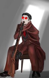 1boy absurdres black_gloves black_hair black_shoes brown_suit cloak clownhassan covered_eyes crack_of_light dress_shoes e.g.o_(project_moon) fell_bullet_(e.g.o) formal_clothes gloves gubo_(project_moon) gun gun_to_mouth hair_slicked_back highres limbus_company long_sleeves looking_up male_focus necktie on_chair open_mouth project_moon red-framed_eyewear red-tinted_eyewear red_cloak red_necktie shingeki_no_kyojin shoes short_hair shotgun simple_background solo suit tinted_eyewear weapon