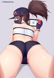 1girl akali artist_name ass ass_focus back baseball_cap black_choker black_mask bracelet brown_hair cameltoe choker commentary commission crop_top english_commentary fingerless_gloves from_behind gloves gold_bracelet gold_trim grey_background hair_through_headwear hand_up handheld_game_console hat high_ponytail highres holding holding_handheld_game_console jewelry k/da_(league_of_legends) k/da_akali league_of_legends looking_back lying mask micro_shorts mouth_mask nessu_(nnn07897) nintendo_switch on_stomach ponytail purple_eyes shorts simple_background solo strapless thighs tube_top twitter_logo twitter_username white_tube_top