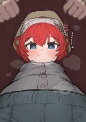 ... 1girl absurdres blue_archive blue_eyes blush bright_pupils buttons closed_mouth from_below hat highres looking_at_viewer looking_down maki_(blue_archive) maki_(camp)_(blue_archive) mash_illust pulling_own_clothes red_hair shirt solo white_hat white_pupils white_shirt