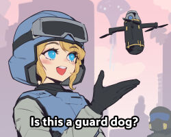 1boy 1girl black_gloves blonde_hair blue_eyes blush bulletproof_vest cityscape drone english_text explosive gloves grenade grenade_cartridge helldiver_(helldivers) helldivers_(series) helmet highres illuminate_(helldivers) is_this_a_pigeon_(meme) loitering_munition meme military_uniform phantom_ix_row seaf_soldier_(helldivers) short_hair statue