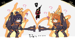 Rule 34 | 1boy, 1girl, ?, armor, black armor, black gloves, black hair, confused, dante (limbus company), energy beam, freckles, gloves, green eyes, half updo, highres, holding, holding staff, hong lu (project moon), ishmael (project moon), limbus company, long hair, open mouth, orange hair, project moon, r corp. (identity) (project moon), shiki (shikki46), sidelocks, simple background, staff, very long hair, white background