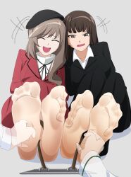 3girls absurdres black_suit brown_eyes brown_hair commission formal_clothes girls_und_panzer highres multiple_girls nishizumi_shiho open_mouth panties red_suit restrained sa@mobuliaoyu shimada_chiyo sitting smile suit tickling tickling_feet underwear white_panties