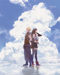 1boy 1girl armor black_hair black_skirt black_thighhighs blonde_hair blue_sky breasts cloud_strife crop_top elbow_gloves final_fantasy final_fantasy_vii final_fantasy_vii_remake fingerless_gloves gloves highres holding_hands long_hair looking_away midriff navel skirt sky spiked_hair spykeee square_enix suspender_skirt suspenders thighhighs tifa_lockhart