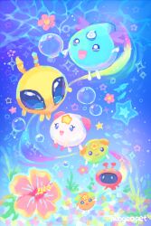 alien alternate_color aquapets bubble colorful commentary creature creature_focus english_commentary flower heisei_retro hibiscus highres hue_shifting kadet_(aquapets) muki_(aquapets) neogeopet no_humans open_mouth puku_(aquapets) smile stinga_(aquapets) tu_(aquapets) underwater water_drop