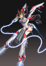 1girl absurdres android arm_cannon black_eyes black_hair bzs_(kage_no_shinobu) commentary_request energy_whip female_focus full_body gradient_background highres joints long_hair mechanical_wings original ponytail robot_joints simple_background solo thrusters tinted_eyewear very_long_hair visor weapon whip wings yellow-tinted_eyewear