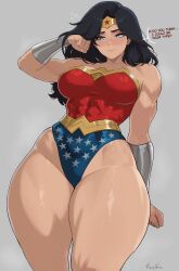 1girl absurdres artist_name bare_shoulders black_hair blue_eyes blush bracer breasts circlet clenched_hands closed_mouth collarbone commentary covered_abs covered_navel curtained_hair dc_comics english_commentary english_text flying_sweatdrops grey_background hand_up highleg highleg_leotard highres kalennoir large_breasts leotard long_hair looking_down multicolored_leotard parted_bangs simple_background solo star_(symbol) star_print superhero_costume thick_thighs thighs toned toned_female two-tone_leotard wonder_woman wonder_woman_(series)