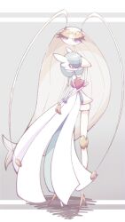 Rule 34 | antenna hair, bob cut, colored skin, dress, gardevoir, gen 3 pokemon, gen 7 pokemon, green hair, green skin, grey background, highres, hug, multicolored skin, narumiya pkmn, nintendo, pheromosa, pink eyes, pokemon, pokemon (creature), purple eyes, signature, simple background, two-tone skin, ultra beast, white dress, white skin