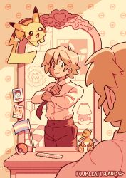 1boy absurdres akari_(pokemon_card) akira_(pokemon_card) artist_name bed blonde_hair brown_pants character_doll charizard collared_shirt comb commentary english_commentary fourleafisland gen_1_pokemon gengar highres how_i_became_a_pokemon_card indoors lamp long_sleeves male_focus mirror nintendo pants photo_(object) pikachu poke_ball poke_ball_(basic) pokemon pokemon_(creature) poster_(object) school_uniform shirt short_hair smile solo_focus transgender_flag tying_necktie white_shirt