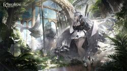 animal_ear_fluff animal_ears arch architecture belt bird black_footwear black_shirt blush buckle closed_mouth column conservatory dome dove echocalypse envelope feathered_wings feathers fern floating_hair fox_ears frilled_shirt frilled_thigh_strap frills grass grey_hair hair_between_eyes hair_spread_out high_heels highres holding holding_envelope indoors long_hair long_sleeves looking_to_the_side low_wings maid_headdress mirror nature nyla_(echoapocalypse) pillar plant puffy_sleeves reflection reflective_floor shirt skirt stone_walkway thigh_strap thighhighs tree very_long_hair weapon weapon_on_back white_skirt white_thighhighs white_wings wings yellow_eyes zeklewa