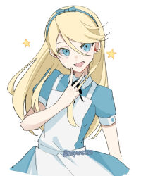 1boy apron arm_up black_ribbon blonde_hair blue_dress blue_eyes blue_hairband collared_dress commentary_request crossdressing dot_nose dress hairband highres kuma_(persona_4) long_hair looking_to_the_side male_focus neck_ribbon nodoka906 open_mouth parted_bangs persona persona_4 ribbon short_sleeves sideways_glance simple_background smile solo star_(symbol) swept_bangs tongue trap twitter_username v white_apron white_background wing_collar