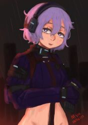 Rule 34 | 1girl, absurdres, artist name, beyond citadel, blush, breasts, collar, crotch strap, dated, gloves, headset, highres, holding, holster, long sleeves, looking at viewer, magazine (weapon), martyr (the citadel), medium breasts, noy00713, purple eyes, purple gloves, purple hair, purple shirt, rain, revealing clothes, shirt, short hair, shoulder holster, solo, the citadel