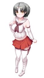 Rule 34 | 1girl, breasts, brown neckerchief, detached sleeves, highres, kantai collection, kirigakure (kirigakure tantei jimusho), large breasts, nagara (kancolle), neckerchief, one side up, original remodel (kantai collection), pleated skirt, red skirt, sailor collar, school uniform, serafuku, shirt, shoes, skirt, sleeveless, sleeveless shirt, smile, solo, unworn shoes, white sailor collar, white shirt, white shoes