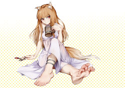 1girl absurdres animal_ear_fluff animal_ears bare_shoulders barefoot blunt_bangs brown_hair closed_mouth cup dress feet foot_focus harrywang37 highres holding holding_cup holo long_hair looking_at_viewer red_eyes sitting sleeveless sleeveless_dress smile soles solo spice_and_wolf white_dress wolf_ears wolf_girl