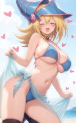 1girl alternate_costume armpit_crease bare_shoulders bikini blonde_hair blue_bikini blush breasts closed_eyes dark_magician_girl duel_monster hair_between_eyes hat heart highres holding holding_sarong large_breasts long_hair navel open_mouth sarong solo stomach swimsuit taianko3809 water witch witch_hat yu-gi-oh!