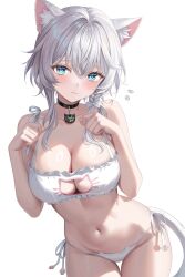 1girl absurdres alternate_costume animal_ear_fluff animal_ears black_choker blue_eyes blush bow bra breasts cat_cutout cat_ear_panties cat_ears cat_girl cat_lingerie cat_tail choker cipher_(honkai:_star_rail) cleavage cleavage_cutout closed_mouth clothing_cutout commentary frilled_bra frills grey_bow grey_hair hair_between_eyes hair_bow hashtag-only_commentary highres honkai:_star_rail honkai_(series) koya_(koyacocoa) large_breasts looking_at_viewer meme_attire navel panties simple_background solo stomach tail underwear white_background white_bra white_panties
