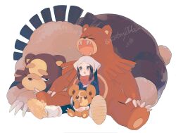 Rule 34 | 1girl, akari (pokemon), black hair, blush, eyelashes, galaxy expedition team survey corps uniform, gen 2 pokemon, grey eyes, grey jacket, hat, headscarf, highres, jacket, long hair, nintendo, odashi (namiri), open mouth, pantyhose, pokemon, pokemon (creature), pokemon legends: arceus, red scarf, sash, scarf, shirt, sidelocks, smile, teddiursa, ursaluna, ursaring, white headscarf