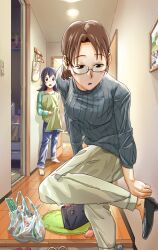 2girls aged_up azumanga_daiou bag barefoot black_shoes brown_hair door glasses green_shirt grey_sweater hallway highres indoors kozuehikaru mizuhara_koyomi multiple_girls picture_frame shirt shoes standing standing_on_one_leg sweater takino_tomo wooden_floor