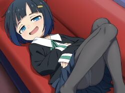 1girl aged_down ass black_thighhighs blue_eyes blue_hair blush clothes_lift female_focus happy loli looking_at_viewer nose on_bed open_mouth panties school_uniform shino_(shinokani) shinonome_akira short_hair shuumatsu_train_doko_e_iku? skirt skirt_lift smile socks solo thighhighs underwear white_socks