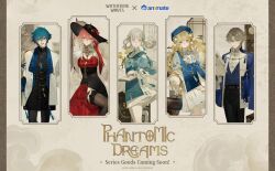 Rule 34 | 2boys, 3girls, animate (company), black dress, black hat, black pants, black thighhighs, blonde hair, blue hair, blue jacket, book, brant (wuthering waves), breasts, changli (wuthering waves), cleavage, closed mouth, colored extremities, commentary, dress, english commentary, english text, hair between eyes, hand up, hat, holding, holding book, jacket, jinhsi (wuthering waves), large breasts, looking at viewer, multicolored hair, multiple boys, multiple girls, official alternate costume, official art, pants, phoebe (wuthering waves), pink hair, purple eyes, red dress, red hands, shrug (clothing), smile, thighhighs, two-tone hair, white eyes, white hair, white shrug, wuthering waves, xiangli yao (wuthering waves)
