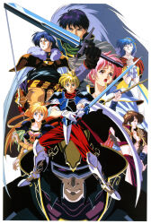 Rule 34 | 1990s (style), 4girls, 5boys, absurdres, aqua eyes, armor, armored boots, bandaged arm, bandages, black gloves, black hair, blonde hair, blue eyes, blue hair, boots, breastplate, bridal gauntlets, brown eyes, brown hair, cape, dragon slayer (series), dress, expressionless, gloves, hairband, headband, helmet, highres, holding, holding staff, holding sword, holding weapon, legs apart, long hair, looking at viewer, multiple boys, multiple girls, non-web source, official art, onda naoyuki, own hands together, pauldrons, pink hair, red eyes, retro artstyle, scan, short hair, shoulder armor, simple background, sophia (legend of xanadu), staff, standing, sword, the legend of xanadu, weapon, white background, white gloves