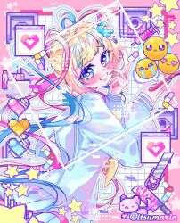 1girl :d absurdres aegyo_sal blonde_hair blood bloody_knife blue_eyes blue_hair blue_serafuku border boxcutter cat chouzetsusaikawa_tenshi-chan colored_tips drugs emoji grid_background grin hand_on_own_face highres holding holding_paintbrush itsumarin knife looking_at_viewer multicolored_hair multicolored_nails needy_girl_overdose open_mouth paintbrush pill pink_border pink_hair pink_pupils quad_tails saturated school_uniform serafuku smile solo sparkling_eyes star_(symbol) syringe too_many upper_body window_(computing)