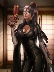 Rule 34 | 1girl, amulet, audia pahlevi, bayonetta, bayonetta (series), between breasts, black-framed eyewear, black hair, blurry, bodysuit, breasts, buckle, catsuit, ceiling, chromatic aberration, cleavage, cleavage cutout, clothing cutout, contrapposto, cowboy shot, depth of field, dragon print, dual wielding, earrings, elbow gloves, female focus, finger on trigger, glasses, gloves, gun, hair ribbon, handgun, high ponytail, highres, holding, holding gun, holding sword, holding weapon, indoors, jewelry, katana, lipstick, long hair, looking at viewer, makeup, mascara, mole, mole under mouth, nose, parted lips, ponytail, realistic, red lips, ribbon, sega, shouji, sliding doors, solo, standing, sword, trigger discipline, turtleneck, very long hair, weapon, white gloves