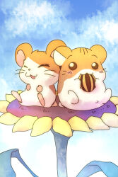 :3 animal animal_focus closed_eyes commentary crossover flower hamster_club hamtaro hamtaro_(series) highres no_humans nyaa_(nnekoron) seed shigecchi_(hamster_club) sitting sky species_connection sunflower sunflower_seed whiskers