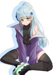 Rule 34 | 1girl, absurdres, black hair, black leotard, blue hair, blush, girls&#039; frontline, girls&#039; frontline 2: exilium, green eyes, highres, hk416 (girls&#039; frontline), jacket, klukai (girls&#039; frontline 2), leotard, long hair, looking at viewer, notporred, off shoulder, open clothes, open jacket, purple eyes, purple jacket, simple background, sitting, smile, solo, teardrop facial mark, very long hair, white background