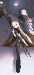 1boy 1girl absurdres artoria_caster_(fate) artoria_caster_(second_ascension)_(fate) artoria_pendragon_(fate) beret black_fur black_gloves black_pantyhose black_ribbon blonde_hair blue_gemstone blue_headwear boots bow buttons closed_mouth collared_shirt crown debg0423 fate/grand_order fate_(series) fur_trim gem gloves gold_trim green_eyes green_gemstone hat highres holding holding_staff insect_wings legs_together long_hair long_sleeves night oberon_(fate) ornament pantyhose puddle purple_bow purple_footwear purple_ribbon red_ribbon ribbon shirt short_hair sitting skirt sky staff star_(sky) star_(symbol) starry_sky starry_sky_background twintails white_shirt white_skirt wings