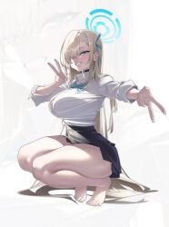 1girl absurdres asuna_(blue_archive) asuna_(school_uniform)_(blue_archive) barefoot black_choker black_skirt blonde_hair blue_archive blue_bow blue_bowtie blue_eyes blue_halo blue_nails blue_ribbon bow bowtie breasts choker collared_shirt commentary_request double_v grin hair_over_one_eye hair_ribbon halo high-waist_skirt highres large_breasts long_hair long_legs long_sleeves looking_at_viewer nail_polish official_alternate_costume pleated_skirt ribbon school_uniform shirt shirt_tucked_in skirt smile solo squatting v very_long_hair white_shirt yeyoutiangong