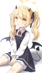 1girl absurdres asymmetrical_hair black_dress black_horns black_tail black_wings blonde_hair bloomers blue_archive collared_shirt demon_horns demon_tail demon_wings dress halo highres horns ibuki_(blue_archive) long_hair long_sleeves open_mouth pinafore_dress pointy_ears puffy_long_sleeves puffy_sleeves red_ribbon ribbon shirt side_ponytail simple_background sitting sleeveless sleeveless_dress solo tail underwear white_background white_bloomers white_shirt wings wjddn yellow_eyes yellow_halo