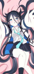 1girl absurdres aris_(blue_archive) black_hair blue_archive blue_eyes highres jacket looking_at_viewer lying necktie school_uniform shirt snkagawa solo white_jacket white_shirt