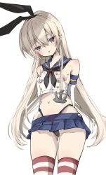 Rule 34 | 1girl, anchor hair ornament, arms behind back, black hairband, black neckerchief, black panties, blonde hair, blue sailor collar, blue skirt, chigasaki yukari, cowboy shot, crop top, elbow gloves, gloves, grey eyes, hair ornament, hairband, highleg, highleg panties, highres, kantai collection, long hair, looking at viewer, microskirt, miniskirt, neckerchief, panties, pleated skirt, sailor collar, shimakaze (kancolle), shirt, skirt, sleeveless, sleeveless shirt, solo, striped clothes, striped thighhighs, thighhighs, underwear, white gloves