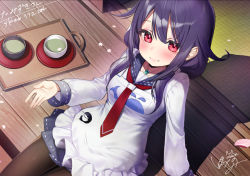 1girl ahoge animal_print apron arm_support asagi_yuna black_pantyhose blue_sailor_collar blue_skirt blush breasts cherry_blossoms collarbone commentary_request commission cowboy_shot fish_print frilled_apron frills green_tea hair_between_eyes hair_flaps hair_over_shoulder kantai_collection long_hair looking_at_viewer low_twintails magatama medium_breasts neckerchief open_hand pantyhose petals pleated_skirt purple_hair red_eyes red_neckerchief sailor_collar school_uniform serafuku shadow sidelocks signature sitting skeb_commission skirt smile solo taigei_(kancolle) tatami tea tray twintails veranda whale_print white_apron