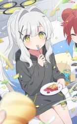 3girls absurdres black_hoodie blue_archive blush can commentary_request drink drink_can eating food food_on_face green_eyes halo happy_birthday hare_(blue_archive) highres holding hood hoodie kotama_(blue_archive) long_hair looking_at_viewer maki_(blue_archive) mochigome_(ununquadium) multiple_girls ponytail red_hair sidelocks sitting solo_focus white_hair