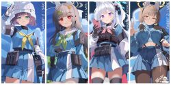 4girls :| ammunition_pouch animal_ears arm_at_side arm_up armband bag black_gloves black_hair black_pantyhose black_undershirt blonde_hair blue_archive blue_halo blue_sailor_collar blue_serafuku blue_skirt blue_sky border breasts bright_pupils brown_hair bucket_hat bulletproof_vest cellphone character_name closed_mouth cloud combat_helmet cropped_shirt fake_animal_ears gloves green_eyes green_halo green_neckerchief grey_halo hair_bobbles hair_intakes hair_ornament halo hat helmet holding holding_phone jacket large_breasts leaf leaf_on_head long_hair long_sleeves looking_at_phone looking_at_viewer low_twintails medium_breasts melissa_v2 microphone midriff_peek miniskirt miyako_(blue_archive) miyu_(blue_archive) miyu_(swimsuit)_(blue_archive) moe_(blue_archive) multicolored_jacket multiple_girls navel neckerchief one_side_up outdoors pantyhose phone pink_neckerchief pleated_skirt pouch purple_eyes rabbit_platoon_(blue_archive) raglan_sleeves red_eyes sailor_collar saki_(blue_archive) school_uniform serafuku shirt short_hair shoulder_bag signature skirt sky sleeve_cuffs small_breasts smile stahlhelm standing suspenders tented_shirt thighhighs turtleneck twintails two-tone_gloves two-tone_jacket two-tone_skirt undershirt w white_border white_hair white_helmet white_sailor_collar wispy_bangs yellow_eyes yellow_neckerchief zettai_ryouiki