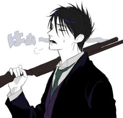 1boy animification batman_(series) black_hair chokeke_005 closed_eyes collared_shirt commentary dc_comics formal_clothes freckles gotham_(series) gun holding holding_gun holding_weapon long_sleeves male_focus open_mouth oswald_chesterfield_cobblepot puff_of_air shirt short_hair sigh suit sweat translation_request upper_body weapon
