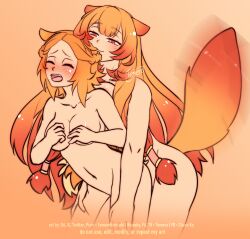 2girls animal_ears artist_name biting biting_ear bluesky_username blunt_bangs blush braid breast_press breasts breasts_on_another&#039;s_back cleavage closed_eyes colored_tips commentary completely_nude cowboy_shot deviantart_username dog_ears dog_girl english_commentary facebook_username forehead furaffinity_username grabbing_another&#039;s_thighs groping half_up_braid hands_up highres instagram_username large_breasts leaning_forward long_hair medium_breasts medium_hair metal_hair_tubes multicolored_hair multiple_girls naughty_face navel nude open_mouth orange_background orange_hair pixiv_username raccoon_ears raccoon_girl raccoon_tail raphtalia red_eyes red_hair signature stomach tail tail_wagging tate_no_yuusha_no_nariagari teeth temerohimitaki twitter_username upper_teeth_only wyndia_(tate_no_yuusha_no_nariagari) yuri