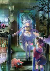 2girls animal_ears bag bike_shorts bird blush boots braid brown_hair cat door flower fox_ears fox_tail japanese_clothes kimono lantern leaf light_rays long_hair looking_at_another mailbox multiple_girls multiple_tails oil-paper_umbrella original purple_hair railing rain raincoat red_eyes road_sign rubber_boots scenery shopping_bag sign single_braid stained_glass stairs tail thighhighs transpot_nonoko two_tails umbrella yukata zettai_ryouiki