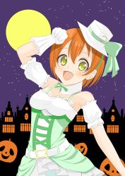 Rule 34 | 1girl, absurdres, artist name, artist request, bare shoulders, belt, blush, bow, bowtie, breasts, castle, cleavage, cloud, collarbone, crescent print, cross-laced clothes, cross-laced dress, dancing stars on me!, dress, female focus, frilled dress, frills, full moon, gloves, green bow, green dress, green eyes, green ribbon, green skirt, hair between eyes, hair ornament, halloween, hat, hat bow, hat ribbon, highres, hoshizora rin, looking at viewer, love live!, love live! school idol festival, love live! school idol project, miniskirt, moon, moon print, night, night sky, orange hair, outdoors, parted lips, plaid clothes, plaid dress, plaid skirt, pleated, pleated dress, pleated skirt, puffy short sleeves, puffy sleeves, pumpkin, purple sky, ribbon, short hair, short sleeves, skirt, sky, small breasts, smile, solo, star (sky), white belt, white dress, white gloves, white hat, white skirt, wing collar, x hair ornament, yellow eyes